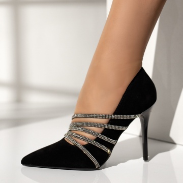 Pantofi cu toc, Pantofi dama cu toc subtire negru suede MOD13911, modlet.ro