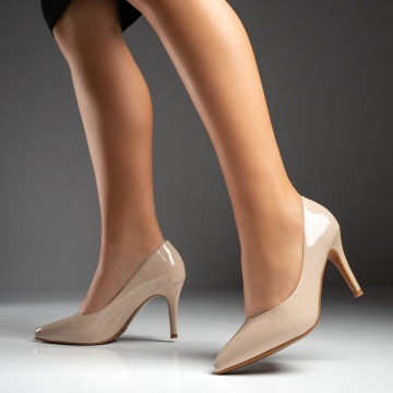 Pantofi dama cu toc subtire si aspect lucios bej MOD05451, 2, modlet.ro