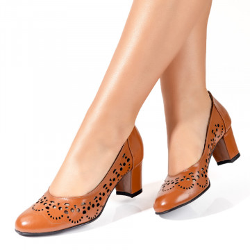 Pantofi dama maro cu toc gros perforati din Piele naturala MOD10235, 3, modlet.ro
