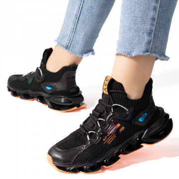 Pantofi dama sport cu talpa groasa negru cu portocaliu MOD03830, 3, modlet.ro