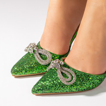 Pantofi dama verzi glitter cu toc subtire si fundita MOD09104, 2, modlet.ro