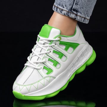 Pantofi sport dama albi cu verde cu siret si talpa groasa ZEF08195, 3, zeforia.ro