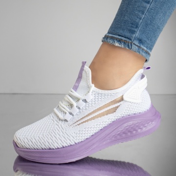 Pantofi sport dama cu siret din material textil alb cu mov MOD13183, 4, modlet.ro