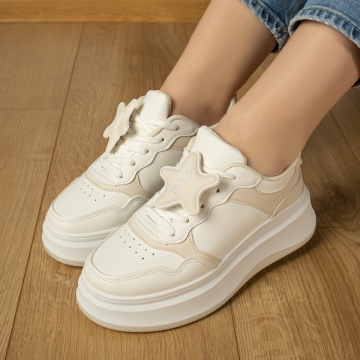 Pantofi sport dama cu siret si talpa groasa alb cu bej MOD13024, 3, modlet.ro
