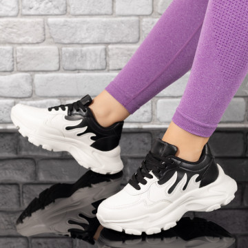 Pantofi sport dama cu siret si talpa groasa albi cu negru MOD10026, 1, modlet.ro
