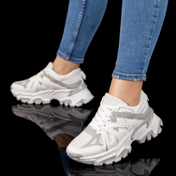 Pantofi sport dama cu talpa groasa albi cu gri MOD09787, 3, modlet.ro
