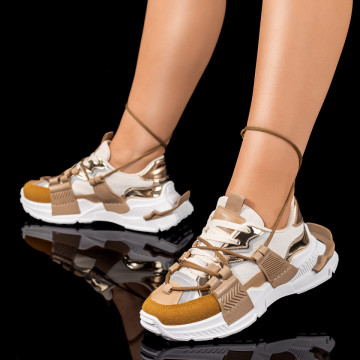 Pantofi sport dama cu talpa groasa bej cu alb MOD09410, 2, modlet.ro