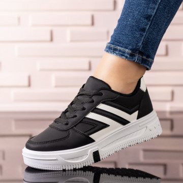 Pantofi sport dama cu talpa groasa negri cu alb MOD09713, 1, modlet.ro