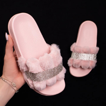 Papuci dama cu puf si strasuri aplicate roz MOD04934, 3, modlet.ro