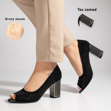 Sandale cu toc gros dama si strasuri negre suede MOD11469, 3, modlet.ro