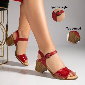 Sandale cu toc gros rosii dama din Piele naturala MOD09689, 3, modlet.ro
