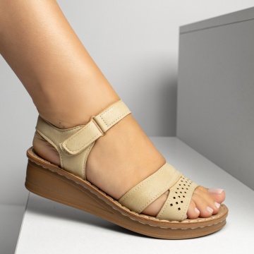 Sandale dama cu platforma si inchidere cu scai bej MOD13903, 3, modlet.ro