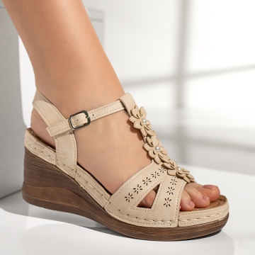Sandale dama cu platforma si model floral bej MOD11582, 4, modlet.ro