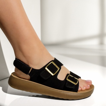 Sandale dama cu talpa joasa si inchidere cu scai negru suede MIA10, 3, modlet.ro