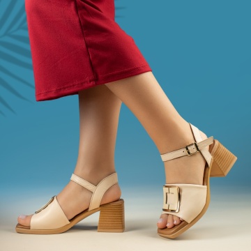Sandale dama cu toc gros si bareta bej din Piele naturala MOD13773, 1, modlet.ro