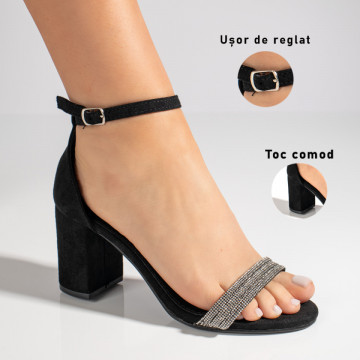 Sandale dama cu toc gros si pietre aplicate negre suede MOD08799, 3, modlet.ro
