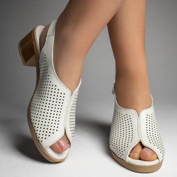 Sandale dama cu toc si perforatii albe din Piele naturala MOD13426, 2, modlet.ro