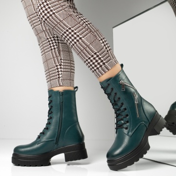 Ghete de iarna, Bocanci dama cu siret si fermoar verzi MOD12628, modlet.ro