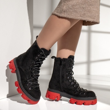 Bocanci dama cu siret si talpa rosie negru suede MOD12634, 3, modlet.ro