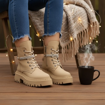 REDUCERI INCALTAMINTE, Bocanci dama khaki cu strasuri decorative MOD10451, modlet.ro