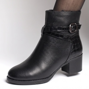 Botine dama cu toc gros negre din Piele naturala BIA30