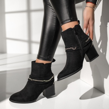 Botine dama cu toc gros si accesoriu decorativ negru suede MOD12637, 3, modlet.ro