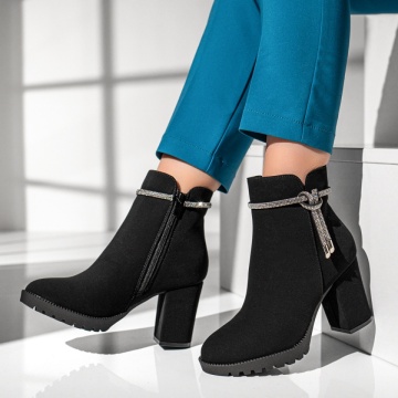 Botine dama cu toc gros si aplicatii cu strasuri negru suede MOD12823, 2, modlet.ro