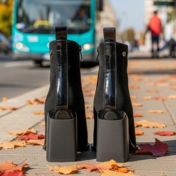 Botine dama cu toc gros si varf lucios negre suede din Piele naturala MOD14026, 2, modlet.ro