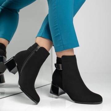 Botine dama cu toc si accesoriu metalic negru suede ZEF12599, 4, zeforia.ro