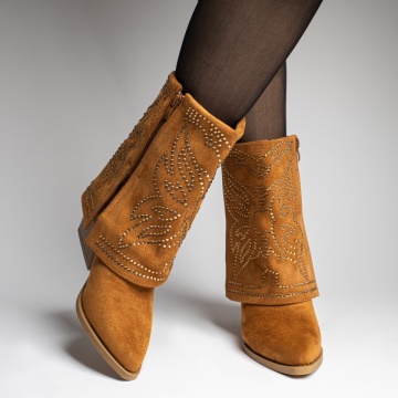 Ciocate dama cu toc gros si aplicatii cu pietre maro suede MOD12341, 2, modlet.ro