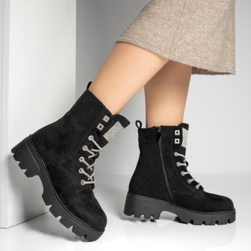 Ghete dama cu fermoar si aplicatii cu pietre negru suede MOD12822, 4, modlet.ro