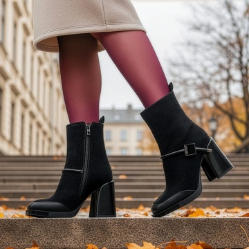 Ghete cu Toc, Ghete dama cu toc gros si fermoar negru suede din Piele naturala MOD14053, modlet.ro