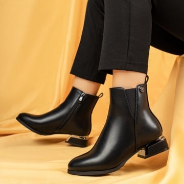 Incaltaminte dama, Ghete dama cu toc gros si insertie de material elastic negre FLORINA1, modlet.ro