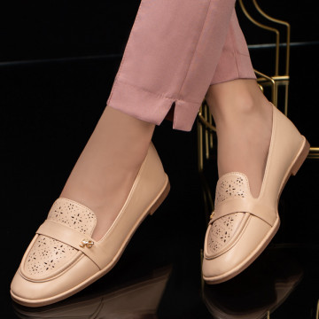 Mocasini dama perforati cu accesoriu bej MOD03478, 2, modlet.ro