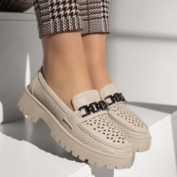 Pantofi casual dama cu accesoriu metalic bej MOD13321, 3, modlet.ro