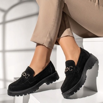 Pantofi casual dama cu accesoriu metalic negru suede MARA21