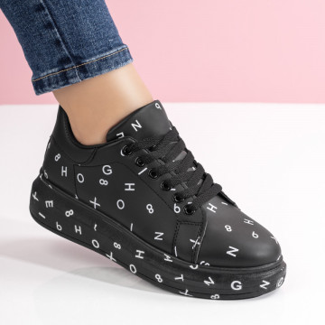 Pantofi casual dama cu imprimeu negri MOD08652, 4, modlet.ro