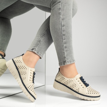 Pantofi casual dama cu perforatii bej cu albastru ZEF13155, 2, zeforia.ro