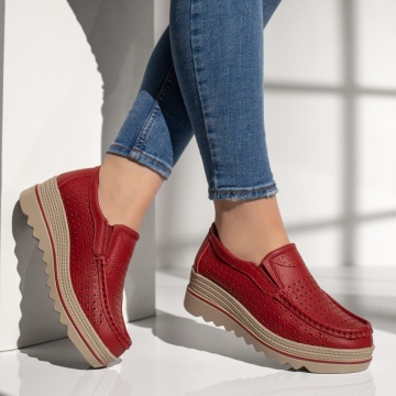 Pantofi casual dama cu perforatii rosii din Piele naturala MOD13102, 4, modlet.ro