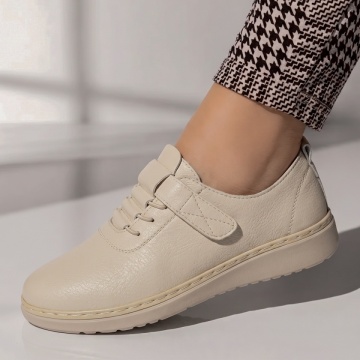 Pantofi casual dama cu siret elastic si inchidere cu scai bej IOANA6, 1, modlet.ro