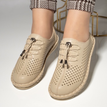 Pantofi casual dama cu siret elastic si perforatii bej MOD13226, 2, modlet.ro