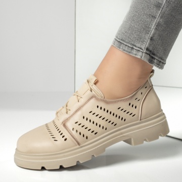 Pantofi casual dama cu siret si perforatii bej MOD13159, 3, modlet.ro