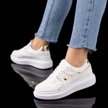 Pantofi casual dama cu talpa groasa albi cu auriu MOD09599, 1, modlet.ro