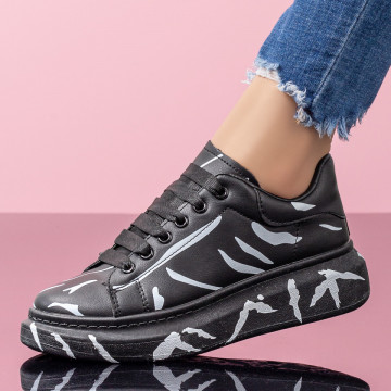 Pantofi casual dama cu talpa groasa negri cu alb MOD07861, 3, modlet.ro