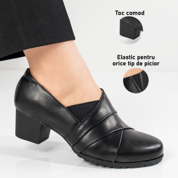 Pantofi casual dama cu toc gros si elasatic negri MOD11100, 3, modlet.ro