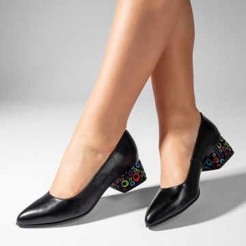 Pantofi cu toc dama negri cu print din Piele naturala MOD11001, 2, modlet.ro