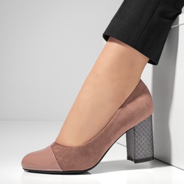 Pantofi cu toc dama nude suede si varf lacuit MOD05775, 1, modlet.ro
