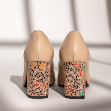 Pantofi cu toc dama si print bej din Piele naturala MOD12047, 4, modlet.ro