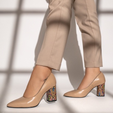 Pantofi cu toc dama si print nude din Piele naturala MOD12047, 4, modlet.ro