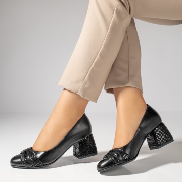 Pantofi cu toc gros dama cu imprimeu negri din Piele naturala MOD12050, 2, modlet.ro